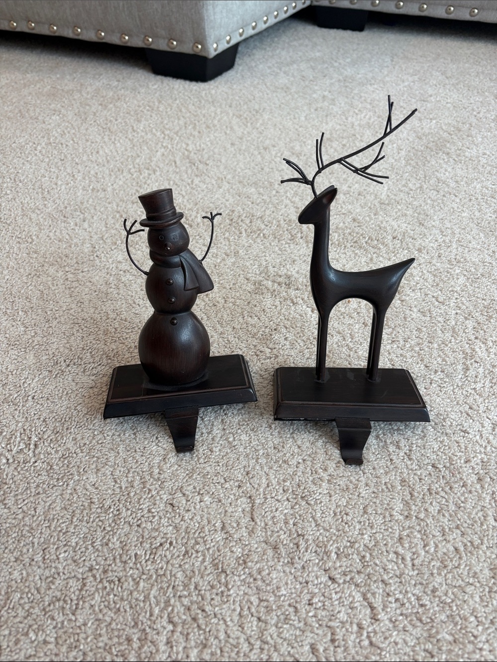 Oil rubbed bronze Metal Snowman and Reindeer stocking holders - Holiday Décor